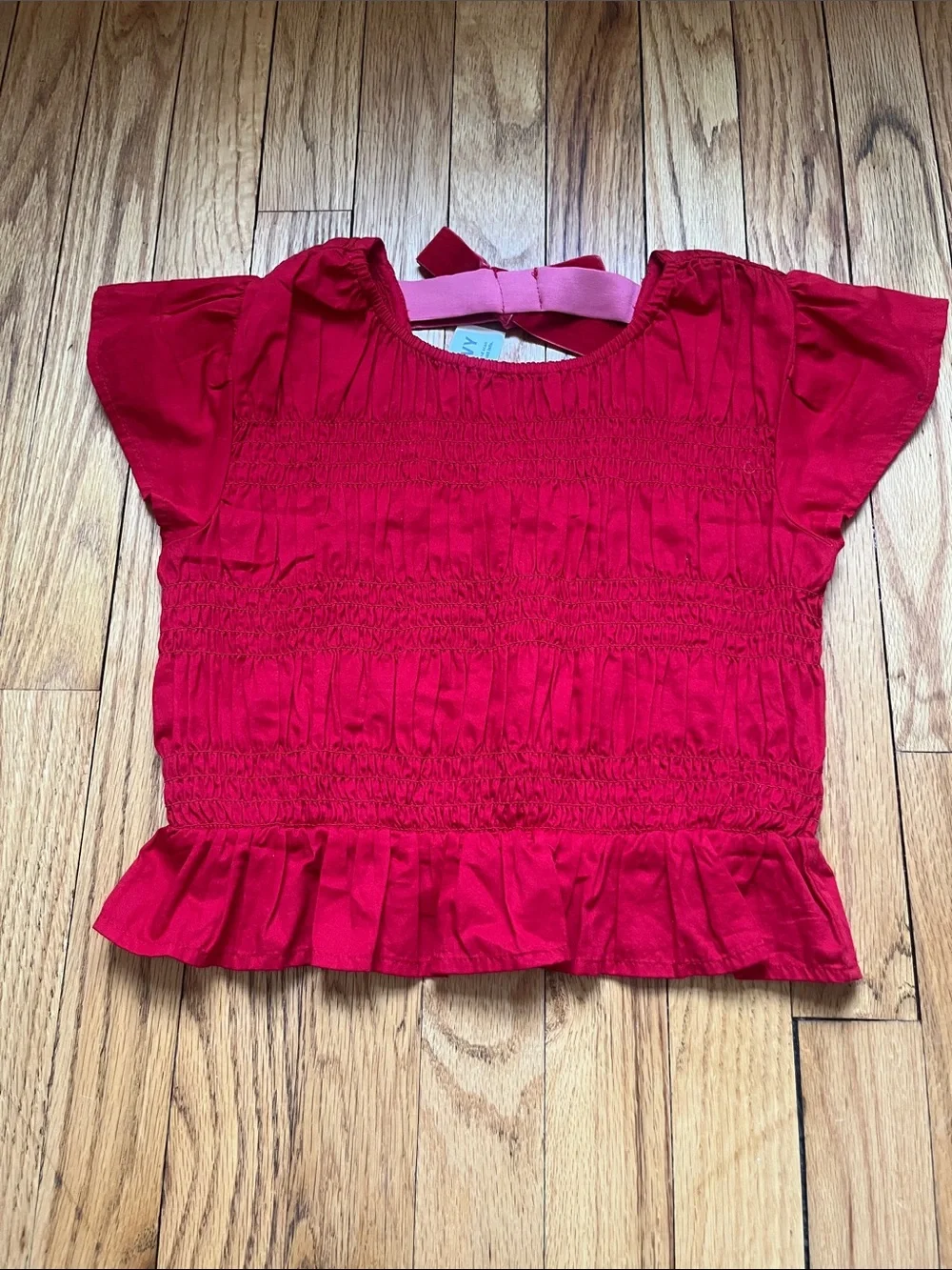 Old Navy Red Smocked Top with Pink & Black Patterned Wide-Leg Pants